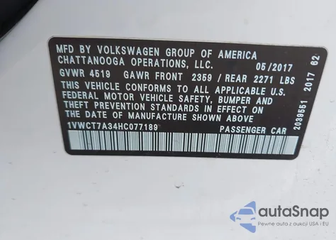 2017 Volkswagen Passat 1.8T Sel Premium z USA, uszkodzony, nr VIN 1VWCT7A34HC077189